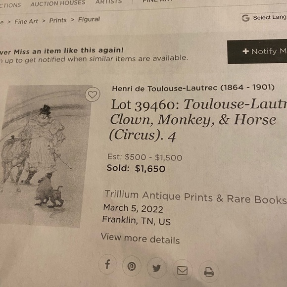 Toulouse Latrec - 1800’s Vintage Circus Art - TLC - Clown Monkey Signed Fine Art - Picture 9 of 11